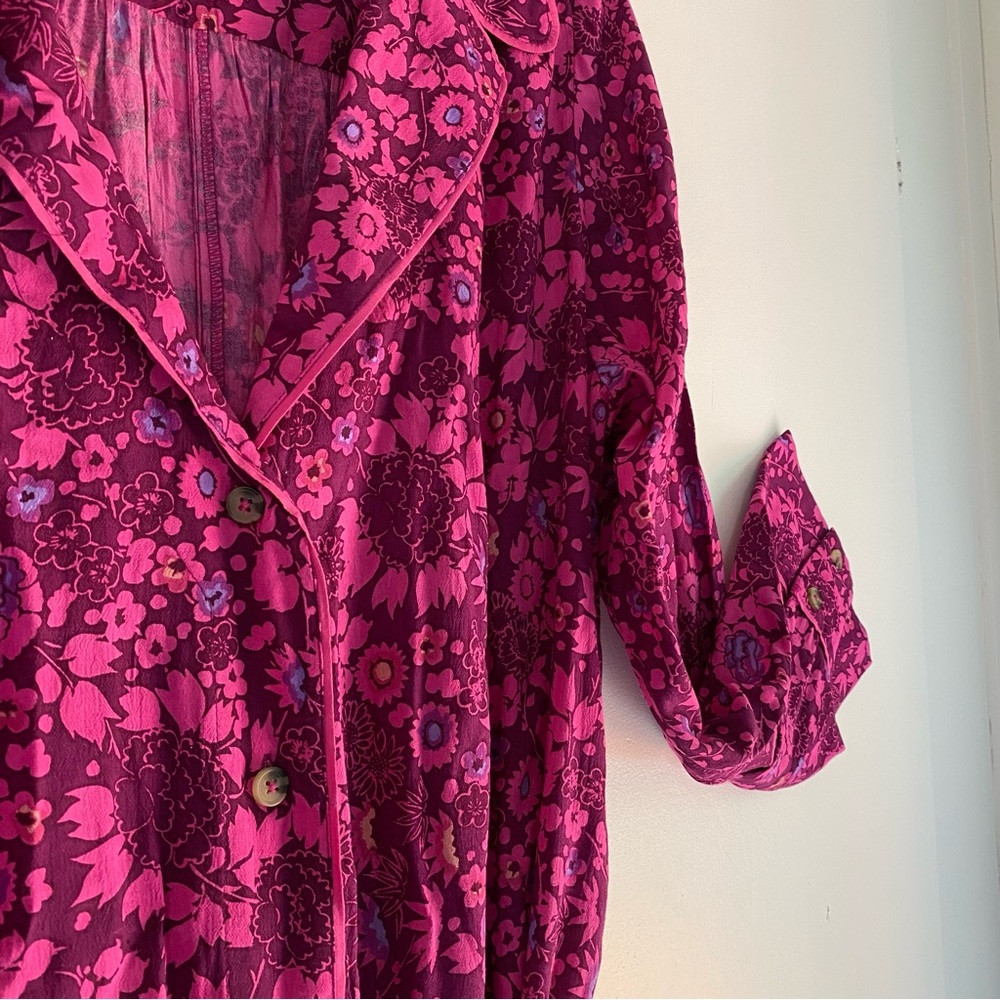 Anthropologie Jumpsuit Deep Magenta Floral Button Tie Rayon Washable Piping L - Picture 8 of 12